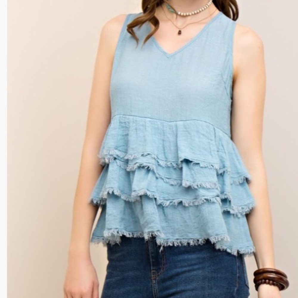 Sadie Crinkled V-Neck Tiered Top with Raw Edge